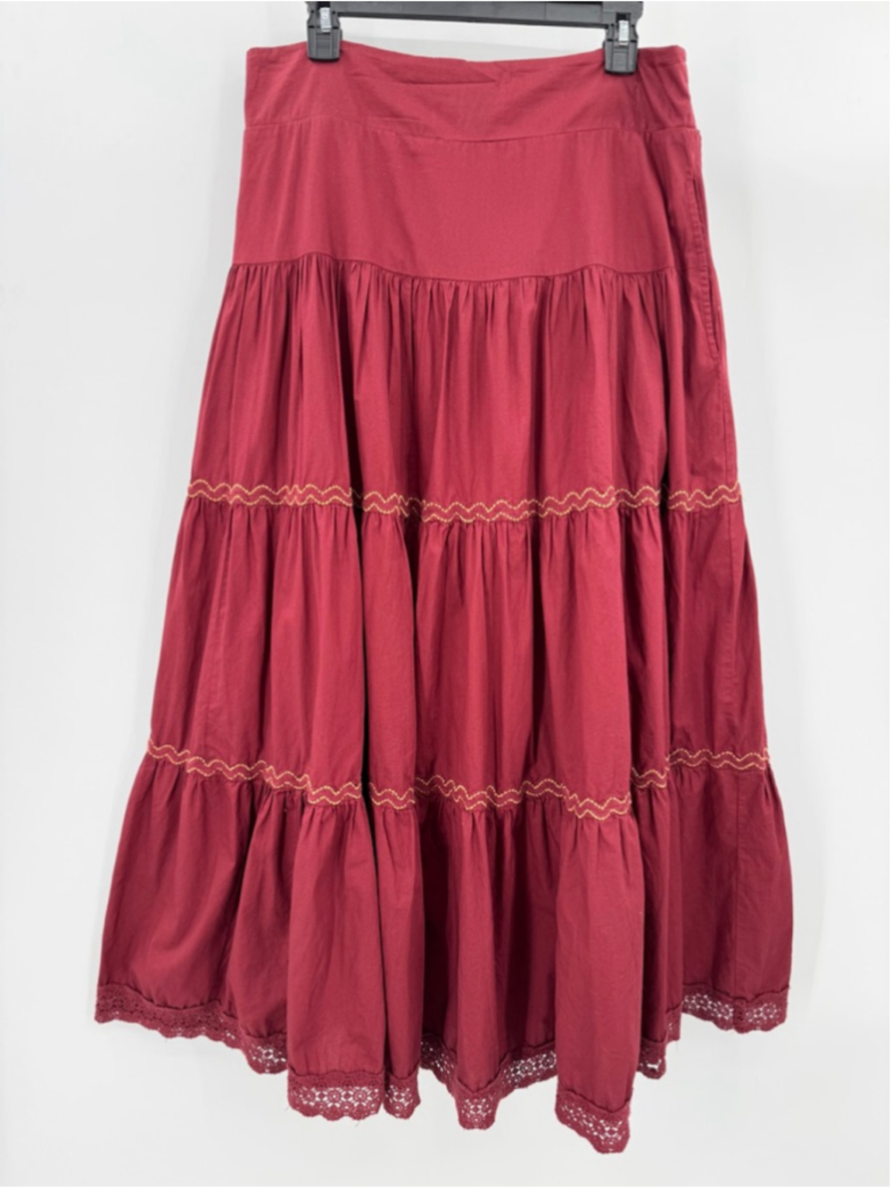 Anthropologie Tiered Prairie Skirt Burgundy Cotton Lace Cottagecore Boho Large - Picture 4 of 11